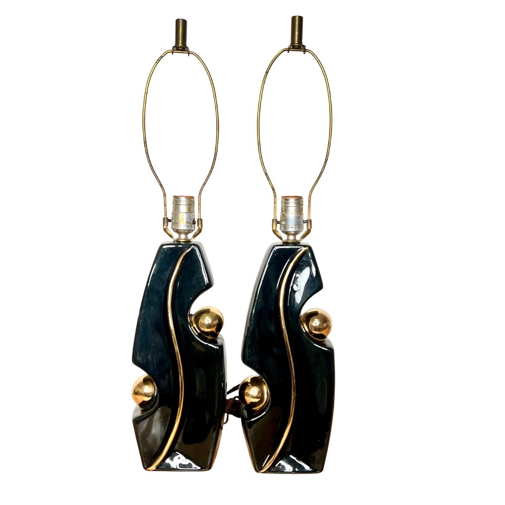 Vintage Mid Century Modern Black Ceramic Gold Ball Table Lamps‎ Pair MCM